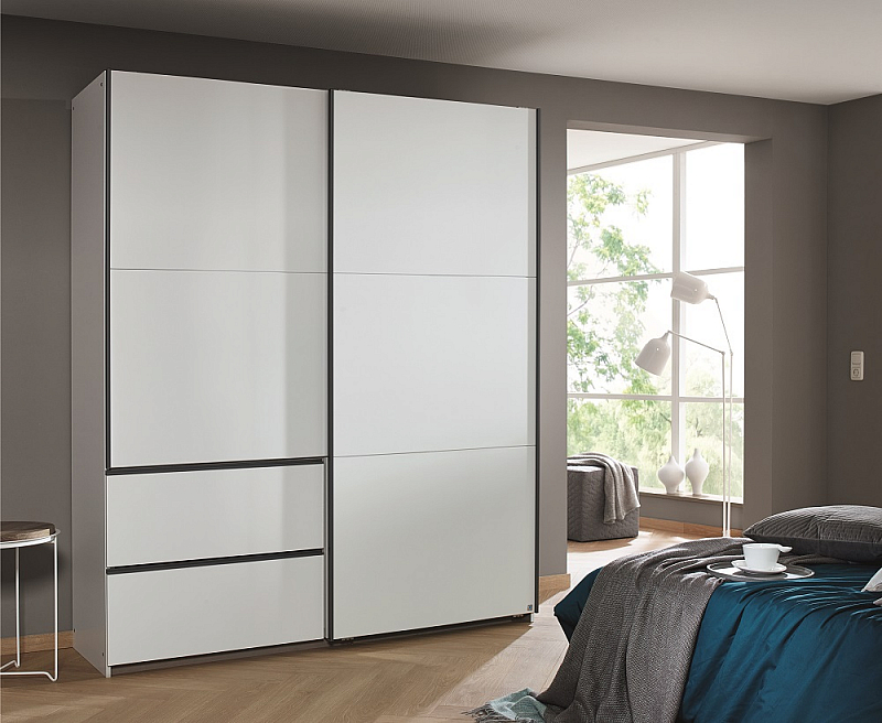 Schwebetürenschrank Sevilla | 2-türig | Alpinweiß / grau metallic | verschiedene Größen