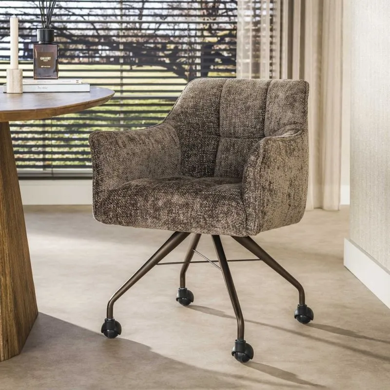 2er Set Stuhl Toik mit Armlehnen | auf Rollen | Hoven-Stoff / Chenillegewebe | taupe-braun