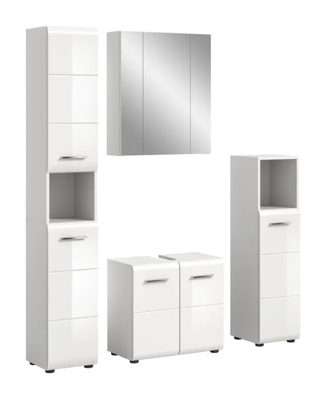 Bad Set Ice 1, 4-teilig, Badmöbel-Set mit Spiegelschrank, Unterschrank mit Schubladen, Hochschränken und offenem Regal