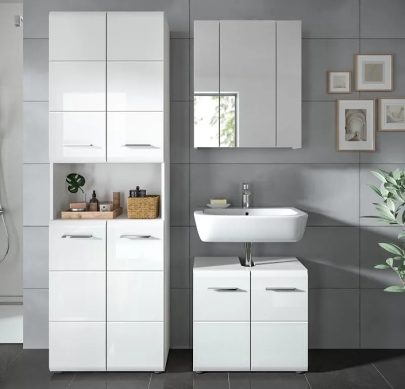 Bad Set Ice 4, 3-teilig, weiß Hochglanz, im Bad, Spiegelschrank, Waschtisch mit Unterschrank und Hochschrank