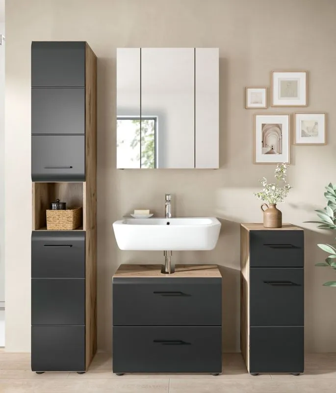 Bad Set Ice | 4-teilig | Nox Oak / schwarz matt mit Aufsatzleuchte