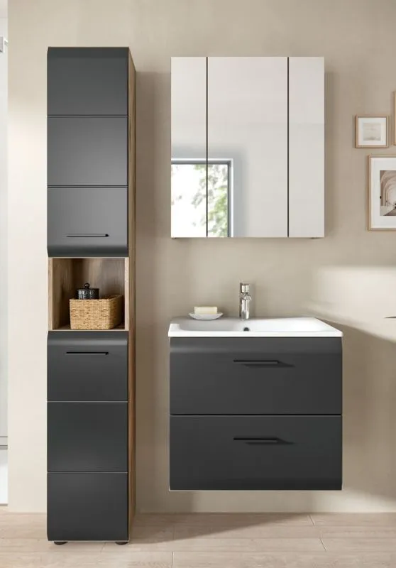 Bad Set Ice 5 | 3-teilig | Nox Oak / schwarz matt mit Badaufsatzleuchte