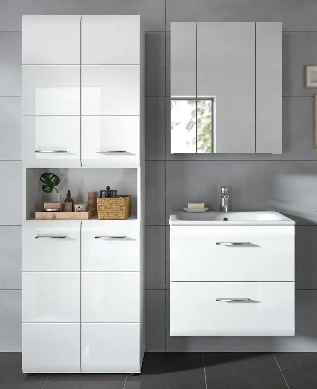 Bad Set Ice 7, 3-teilig, weiß Hochglanz, im Bad mit Hochschrank, Waschtisch mit Unterschrank und Spiegelschrank