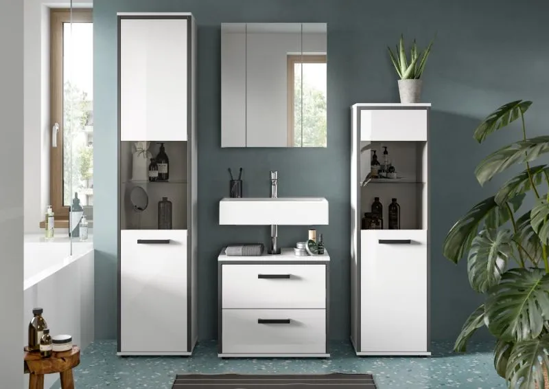 Bad Set Kojak 1 | 4-teilig | weiß / weiß Hochglanz | Spiegelschrank mit Beleuchtung