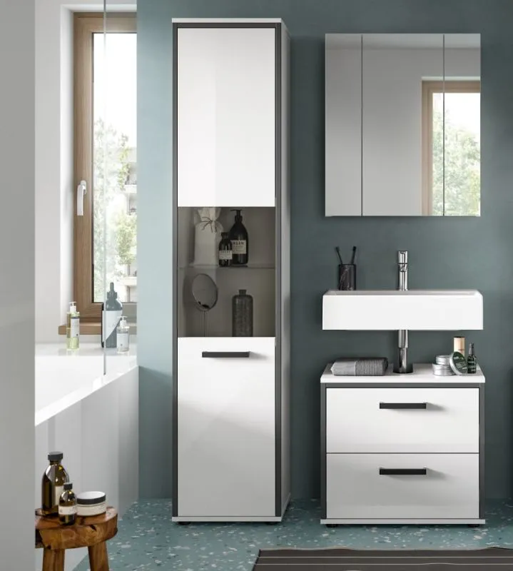 Bad Set Kojak 2 | 3-teilig | weiß / weiß Hochglanz | Spiegelschrank mit Beleuchtung