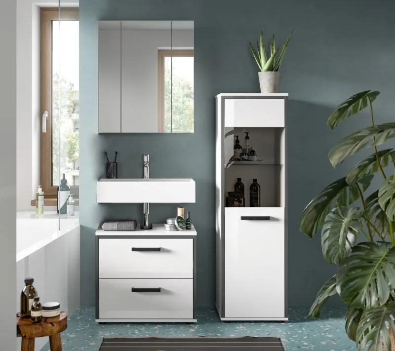 Bad Set Kojak 3 | 3-teilig | weiß / weiß Hochglanz | Spiegelschrank mit Beleuchtung