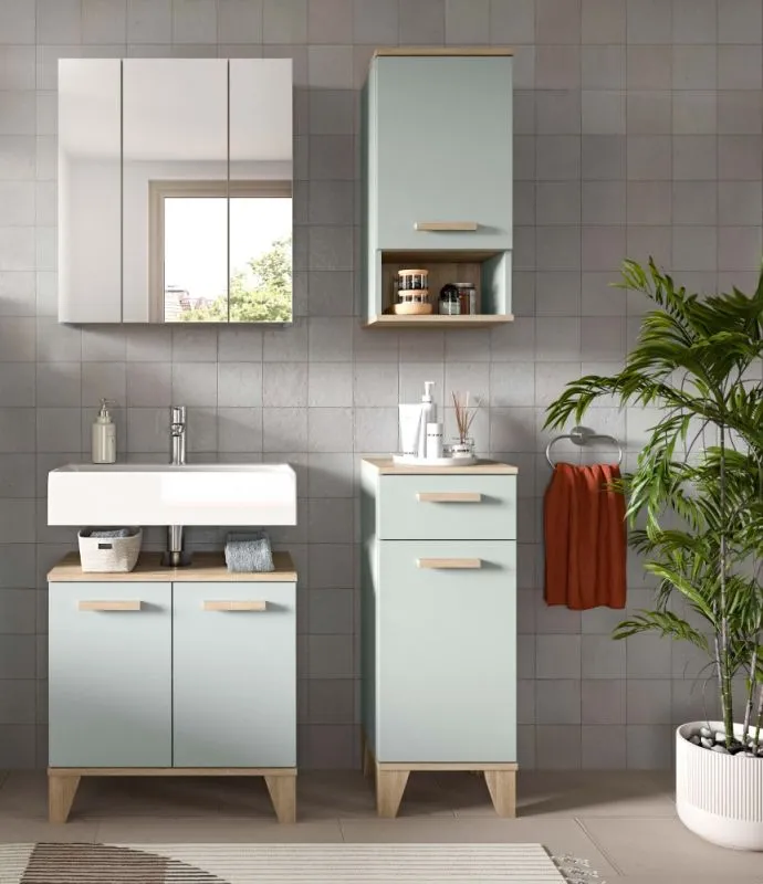 Bad Set Star 2 | 4-teilig | hellgrün / Eiche | Spiegelschrank mit optionaler Beleuchtung