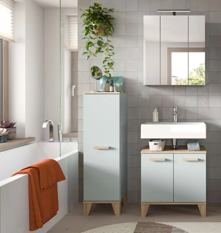 Bad Set Star 3 | 3-teilig | hellgrün / Eiche | Spiegelschrank mit Beleuchtung