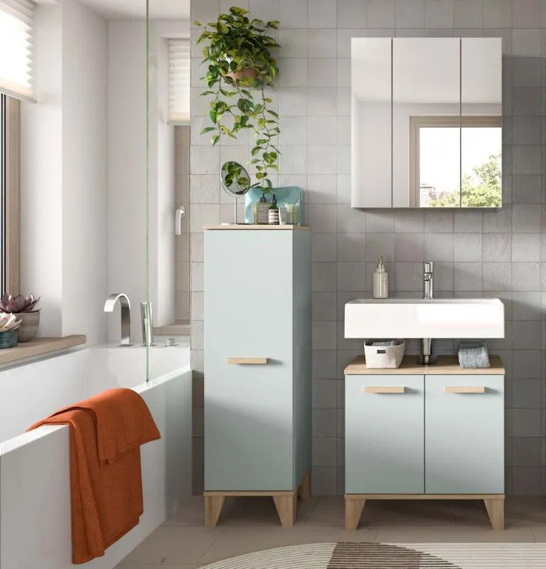 Bad Set Star 3 | 3-teilig | hellgrün / Eiche | Spiegelschrank mit optionaler Beleuchtung