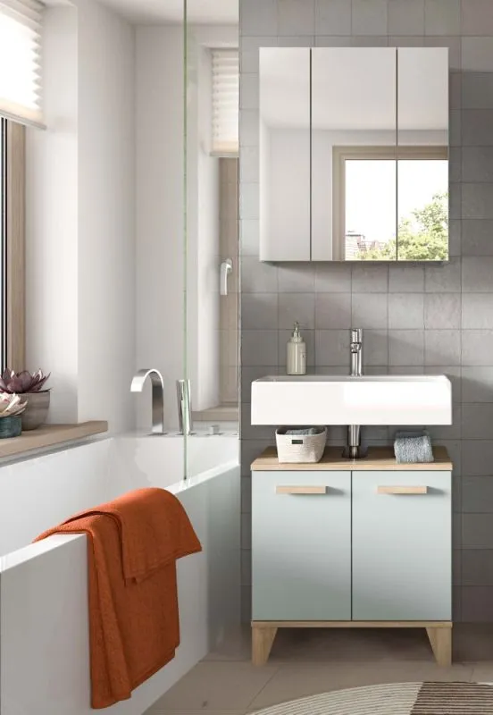 Bad Set Star 4 | 2-teilig | hellgrün / Eiche | Spiegelschrank mit optionaler Beleuchtung