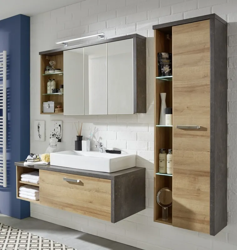 Badezimmer-Set Bay | inkl. Waschbecken | Eiche Honig / Beton | 4-teilig Aufsatzleuchte