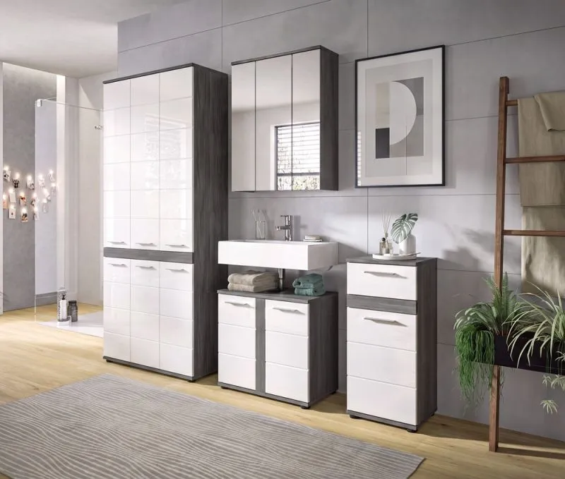 Badezimmer-Set Blake 3 | weiß Hochglanz / rauchsilber | 4-teilig mit LED
