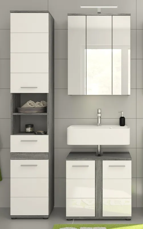 Badezimmer-Set Blake | weiß Hochglanz / rauchsilber | 3-teilig mit LED Aufsatzbeleuchtung