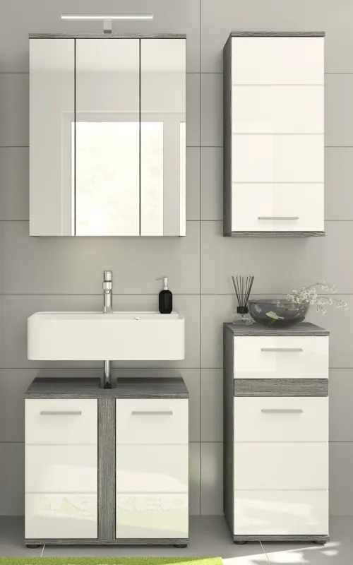 Badezimmer-Set Blake | weiß Hochglanz / rauchsilber | 4-teilig mit Aufsatzleuchte