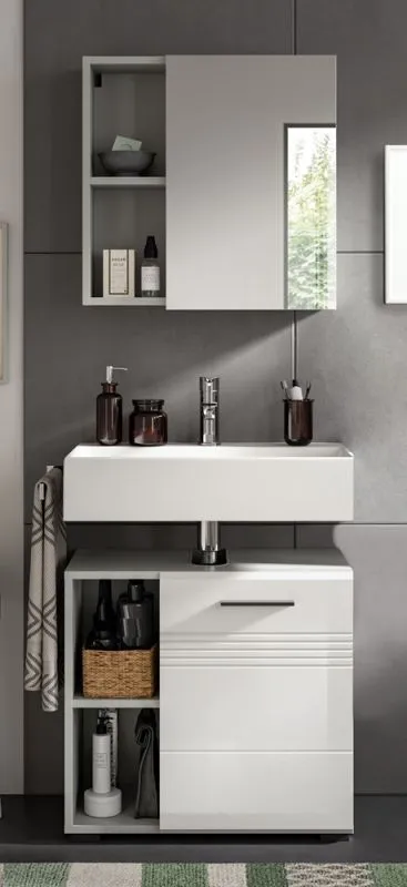 Badezimmer-Set Copa 1 | 2-teilig | grau / weiß Hochglanz mit Aufsatzleuchte