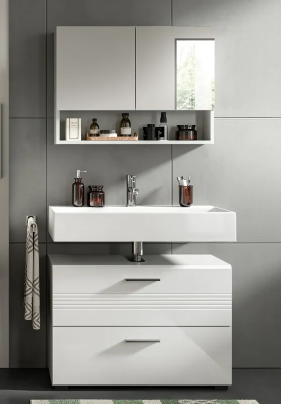 Badezimmer-Set Copa 2 | 2-teilig | grau / weiß Hochglanz mit Aufsatzleuchte