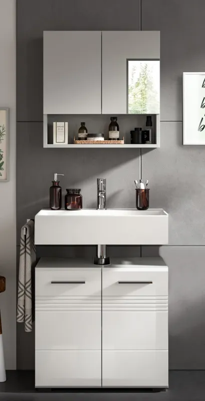 Badezimmer-Set Copa | 2-teilig | grau / weiß Hochglanz mit Aufsatzleuchte