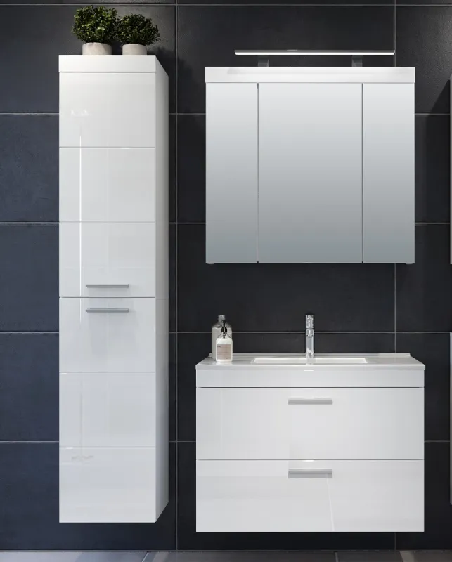 Badezimmer Set Devon | inkl. Waschbecken | weiß Hochglanz | 3-teilig mit Aufsatzleuchte