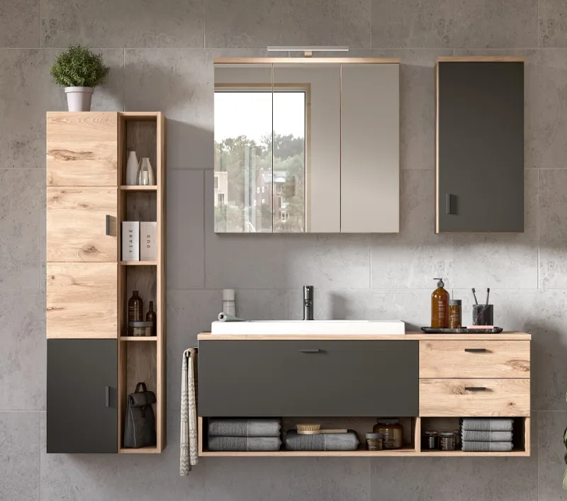 Badezimmer-Set Grado | Nox Oak / grau | 4-teilig mit Aufsatzleuchte