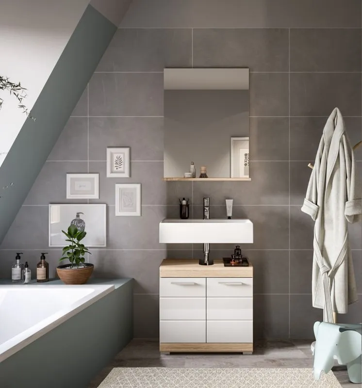 Badezimmer-Set Lambada 2 | weiß Hochglanz / Sonoma Eiche hell | 2-teilig | mit Aufsatzleuchte