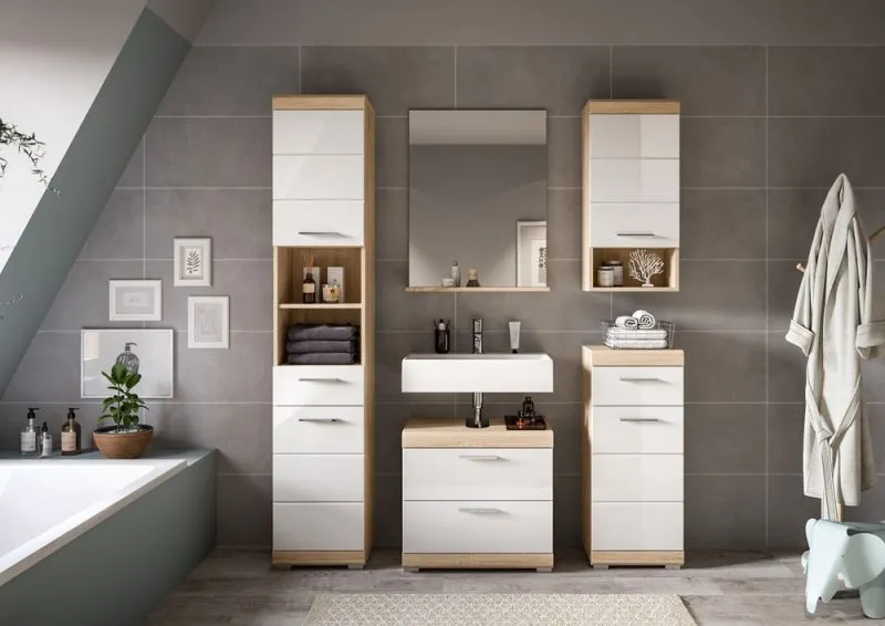 Badezimmer-Set Lambada 2a | weiß Hochglanz / Sonoma Eiche hell | 5-teilig | optional Beleuchtung mit Aufsatzleuchte