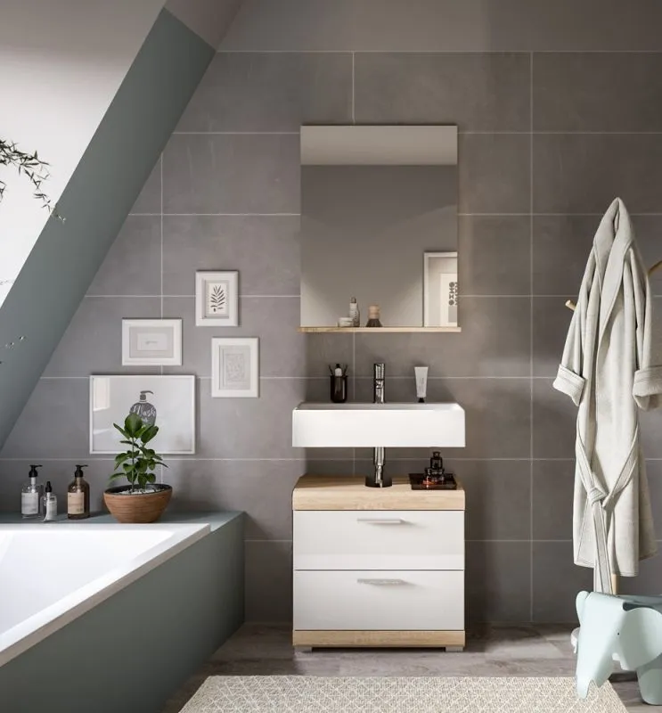 Badezimmer-Set Lambada 4 | weiß Hochglanz / Sonoma Eiche hell | 2-teilig | mit Aufsatzleuchte