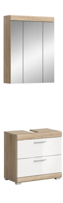Badezimmer-Set Lambada 3 | weiß Hochglanz / Sonoma Eiche hell | 2-teilig | mit Aufsatzleuchte