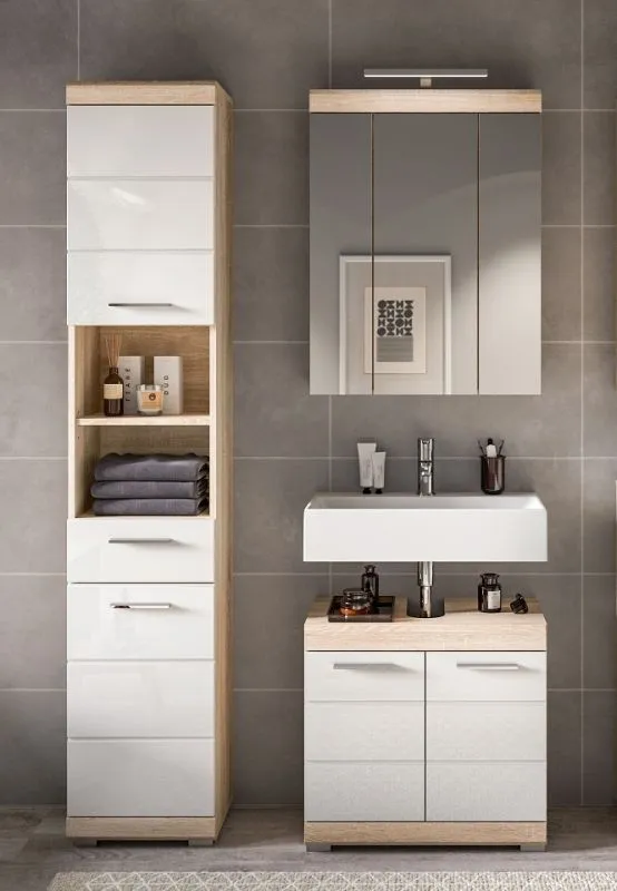 Badezimmer-Set Lambada, 3-teilig, im Badezimmer, Hochschrank mit offenen Fächern, Spiegelschrank, Waschtisch mit Unterschrank