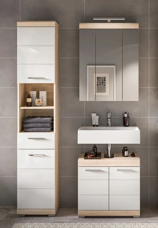Badezimmer-Set Lambada | weiß Hochglanz / Sonoma Eiche hell | 3-teilig ohne Aufsatzleuchte