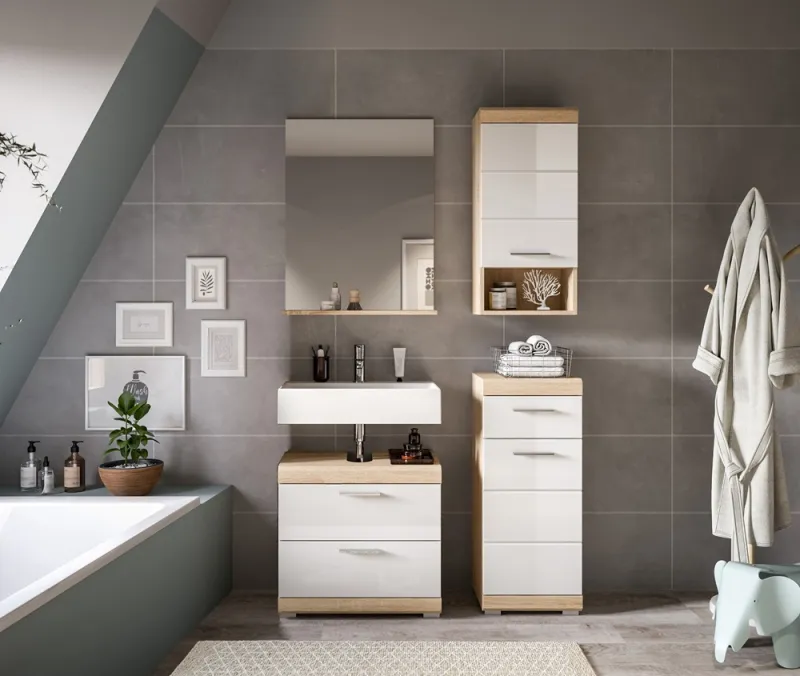 Badezimmer-Set Lambada 4 | weiß Hochglanz / Sonoma Eiche hell | 4-teilig | mit Aufsatzleuchte