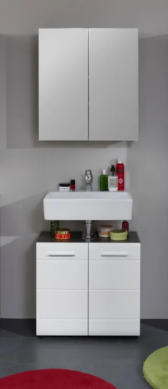 Badezimmer-Set Line | weiß Hochglanz / Sardegna Rauchsilber | 2-teilig mit Aufsatzleuchte