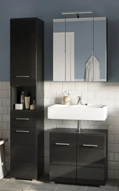 Badezimmer Set Linus | schwarz Hochglanz | 3-teilig mit Aufsatzleuchte