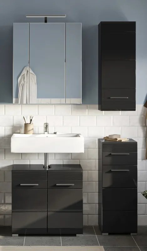 Badezimmer-Set Linus | schwarz Hochglanz | 4-teilig mit Aufsatzleuchte