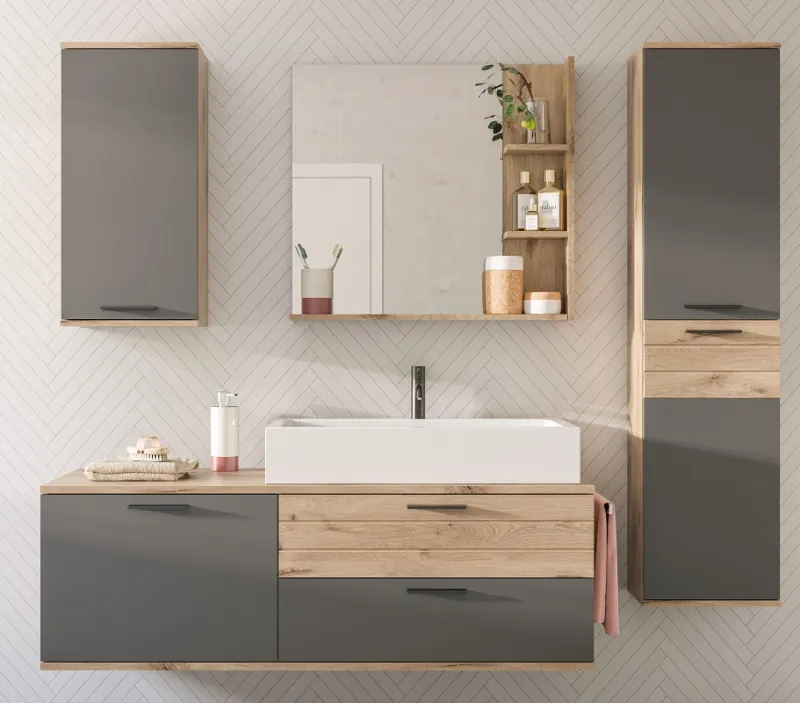 Badezimmer-Set Mason 1 | Nox Oak / Basalt grau | 5-teilig mit Handtuchhalter