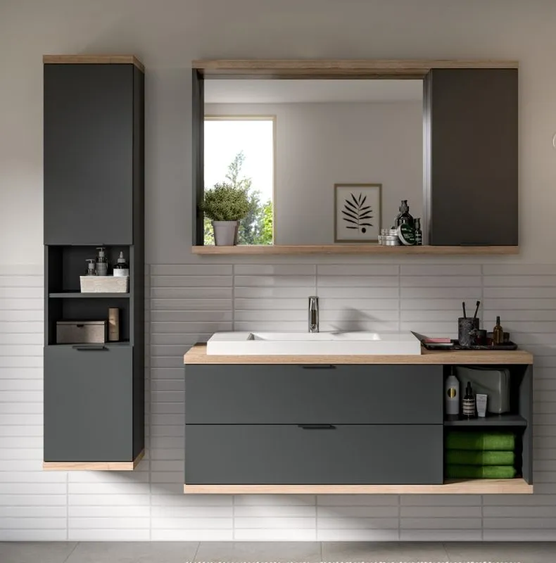 Badezimmer Set Nuaro | 3-teilig | Nox Oak / anthrazit grau mit Aufsatzleuchte