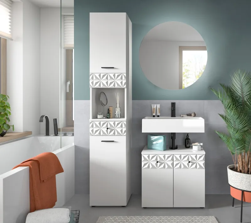 Badezimmer-Set Prisma | weiß / weiß Hochglanz | 3-teilig | optional Beleuchtung