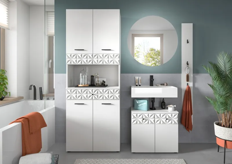 Badezimmer-Set Prisma | weiß / weiß Hochglanz | 4-teilig | optional Beleuchtung