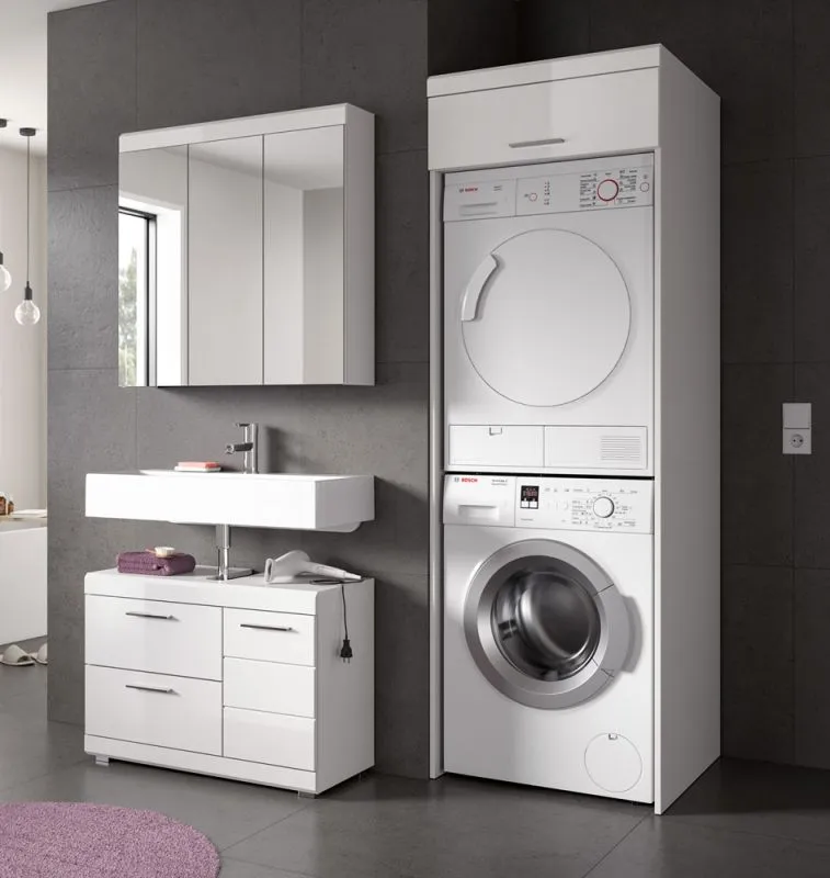 Badezimmer-Set Scout 1, 3-teilig, im Bad, Spiegelschrank, Waschtisch mit Unterschrank, Säule mit Waschmaschinenschrank