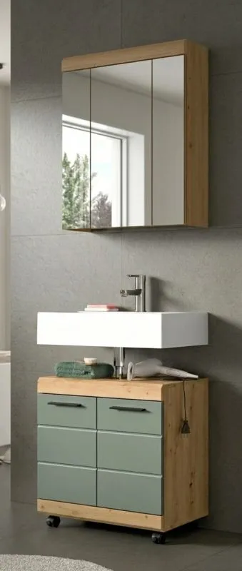 Badezimmer-Set Scout 2 auf Rollen | Salbei / Artisan Eiche | 2-teilig mit Aufsatzleuchte