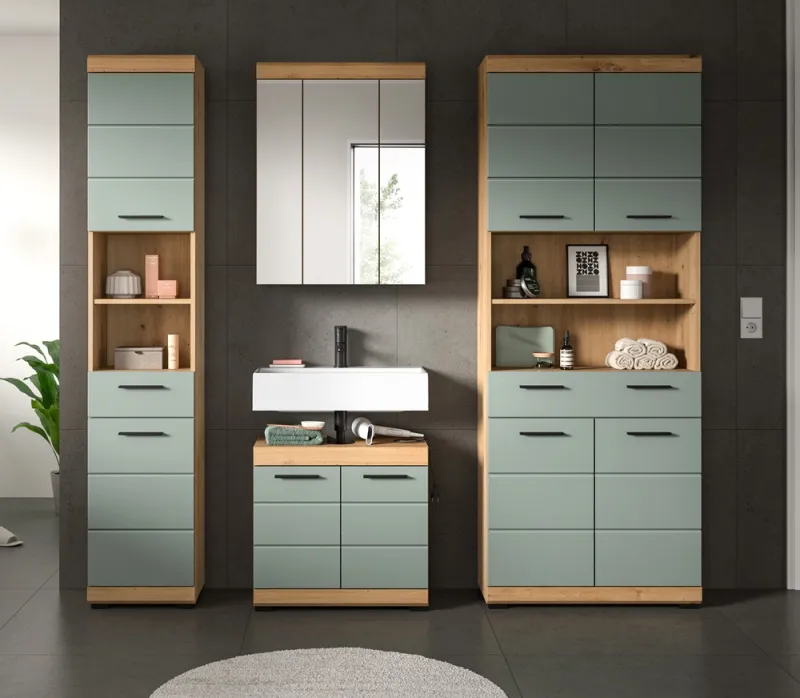 Badezimmer-Set Scout 2 | Salbei / Artisan Eiche | 4-teilig | mit Aufsatzleuchte