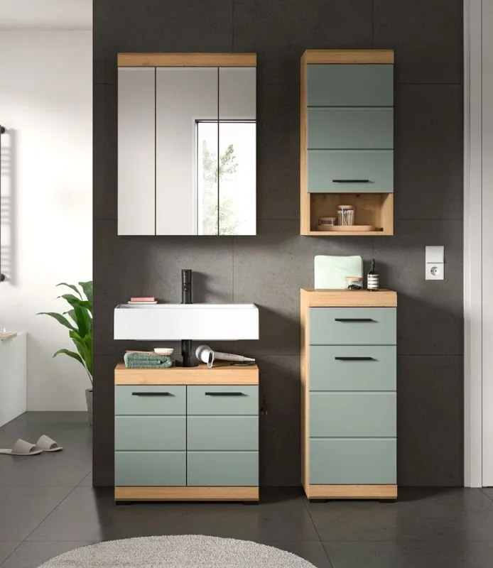 Badezimmer-Set Scout 2, 4-teilig, Badezimmer mit Spiegelschrank, Waschtisch mit Unterschrank, Hochschrank und Wandregal