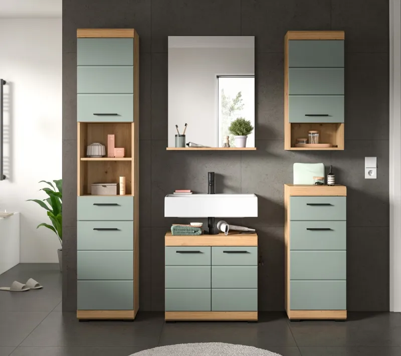 Badezimmer-Set Scout | Salbei / Artisan Eiche | 5-teilig | optional Aufsatzleuchte
