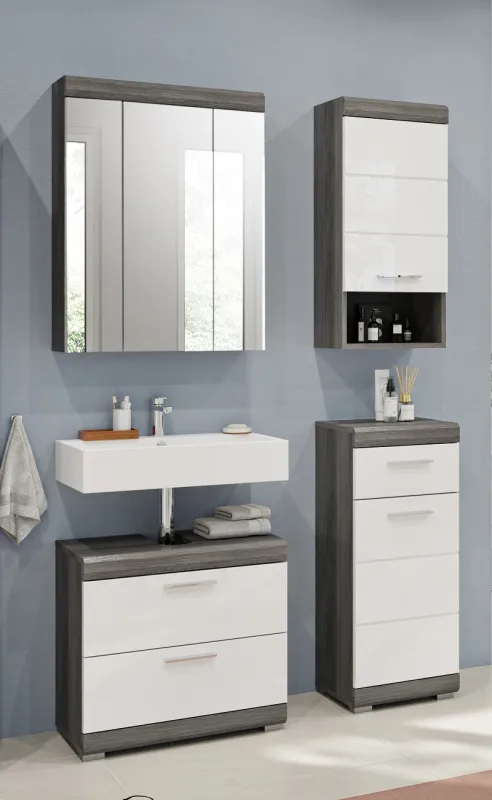 Badezimmer-Set Scout, 4-teilig, im Bad mit Spiegelschrank, Waschtisch mit Unterschrank und zwei Hochschränken