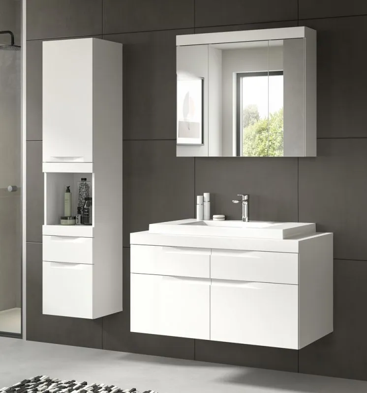 Badezimmer Set Viana 2, 3-teilig, weiß matt, im Bad mit Waschtisch, Spiegelschrank und Hochschrank mit offener Nische