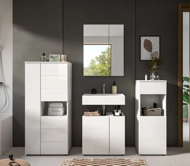 Badezimmer-Set Vira 2 | 4-teilig | weiß / weiß Hochglanz | optional LED Beleuchtung