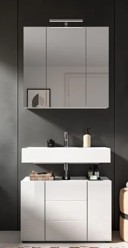 Badezimmer-Set Vira 2, 2-teilig, weiß Hochglanz, im Bad, Spiegelschrank über Waschtisch mit Unterschrank, LED-Beleuchtung