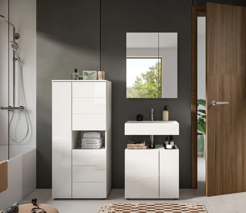 Badezimmer-Set Vira | 3-teilig | weiß / weiß Hochglanz | optional LED Beleuchtung