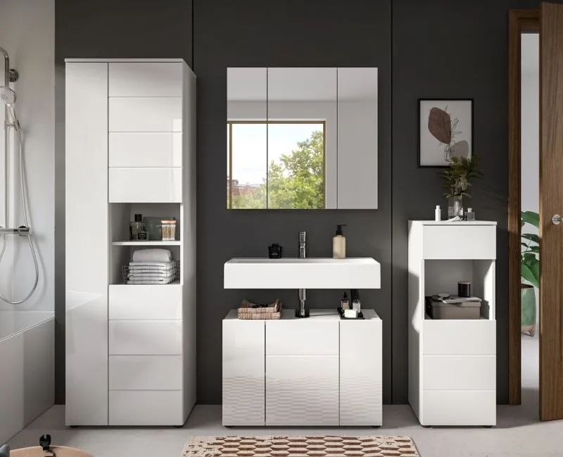 Badezimmer-Set Vira | 4-teilig | weiß / weiß Hochglanz | mit Aufzatzleuchte