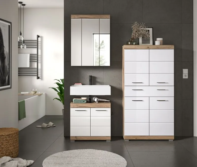 Badezimmer-Set Wave 2 | weiß Hochglanz / Nox Oak | 3-teilig