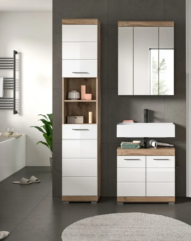 Badezimmer-Set Wave | weiß Hochglanz / Nox Oak | 3-teilig | mit Aufsatzleuchte